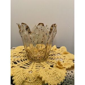 VTG THICK Amber Glass Bowl With Black Specks YOU CAN FEEL!  Hand Blown 8 Fingers